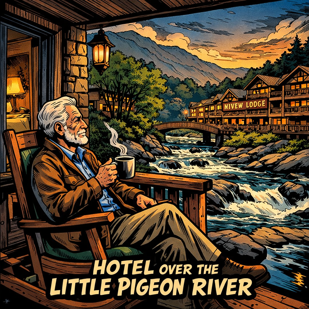 Older man sitting on a wooden balcony drinking coffee with a river, bridge, and lodge in background at sunset.