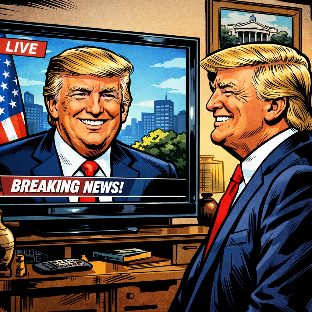 Man in suit watching live TV showing smiling version of himself with breaking news banner