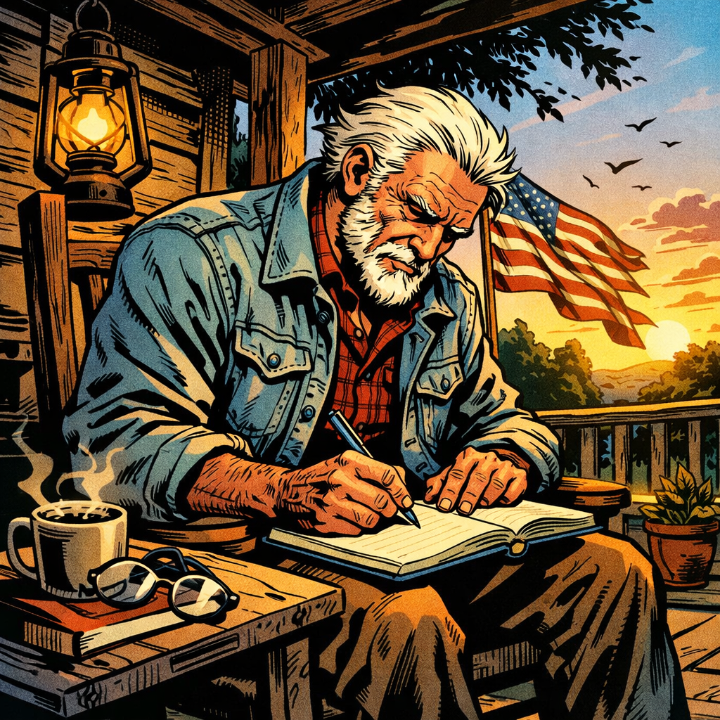 Elderly man writing in journal on porch with American flag and sunset