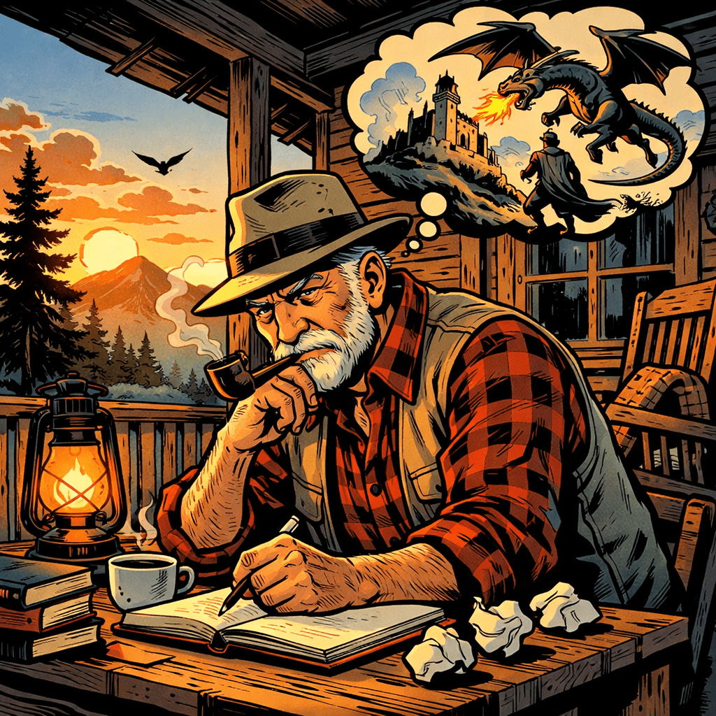 Older man writing at a wooden table, thinking about a dragon breathing fire on a castle