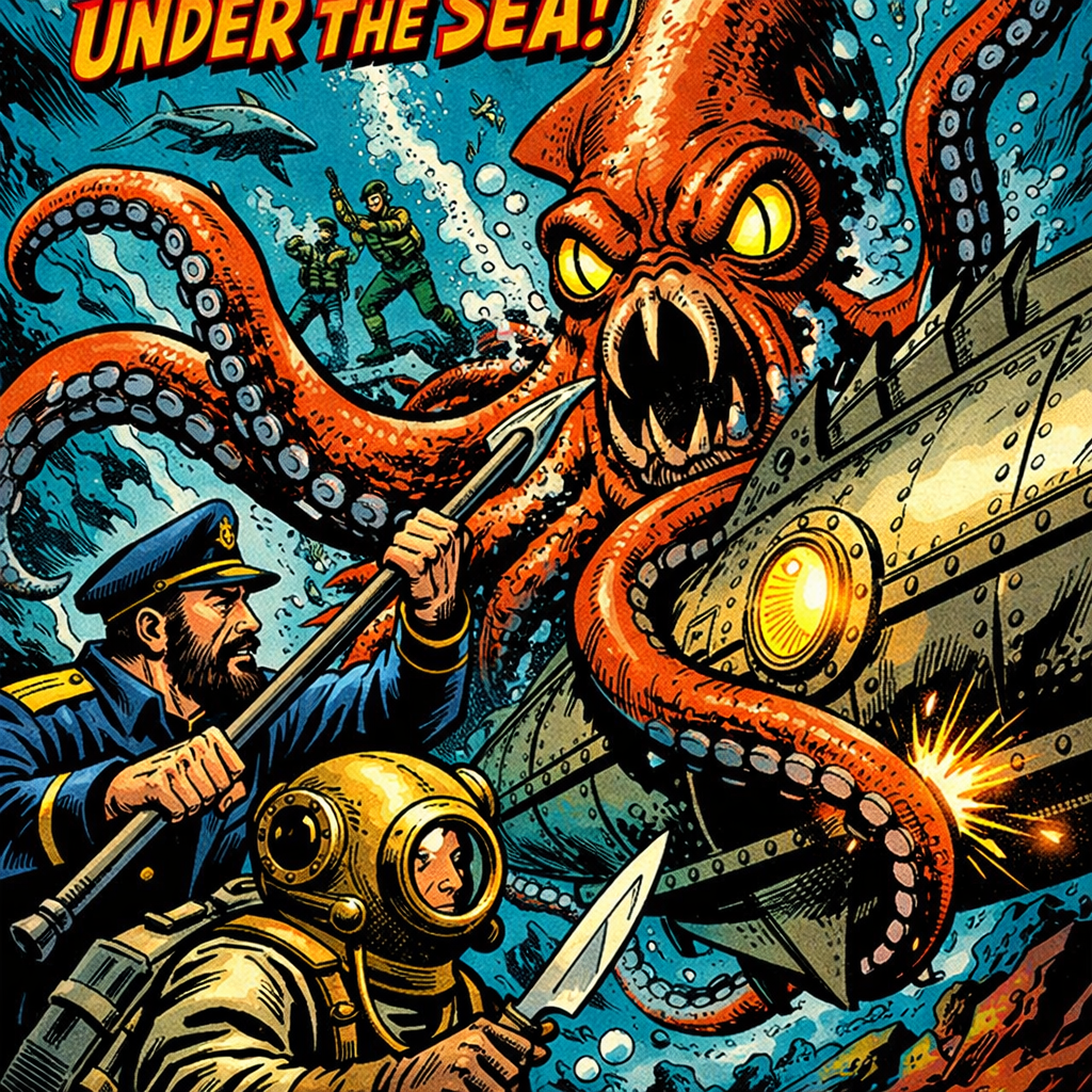 Giant octopus attacking a submarine with divers fighting back underwater