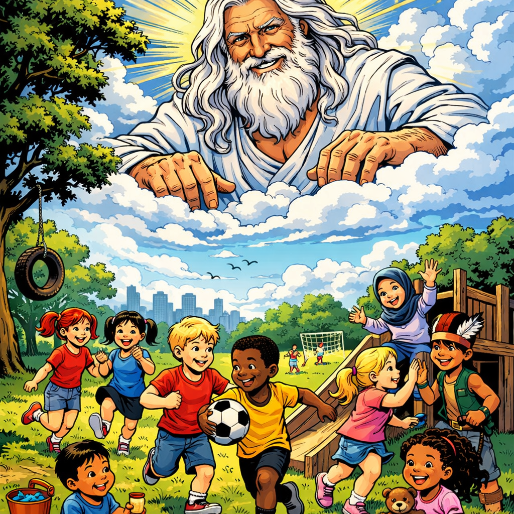 Children of diverse backgrounds playing soccer and having fun in a park with a large divine figure smiling in the clouds above