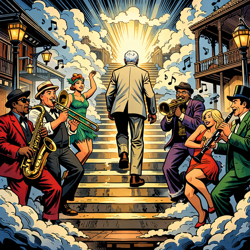 Man ascending illuminated stairs with musicians playing instruments and dancing around.