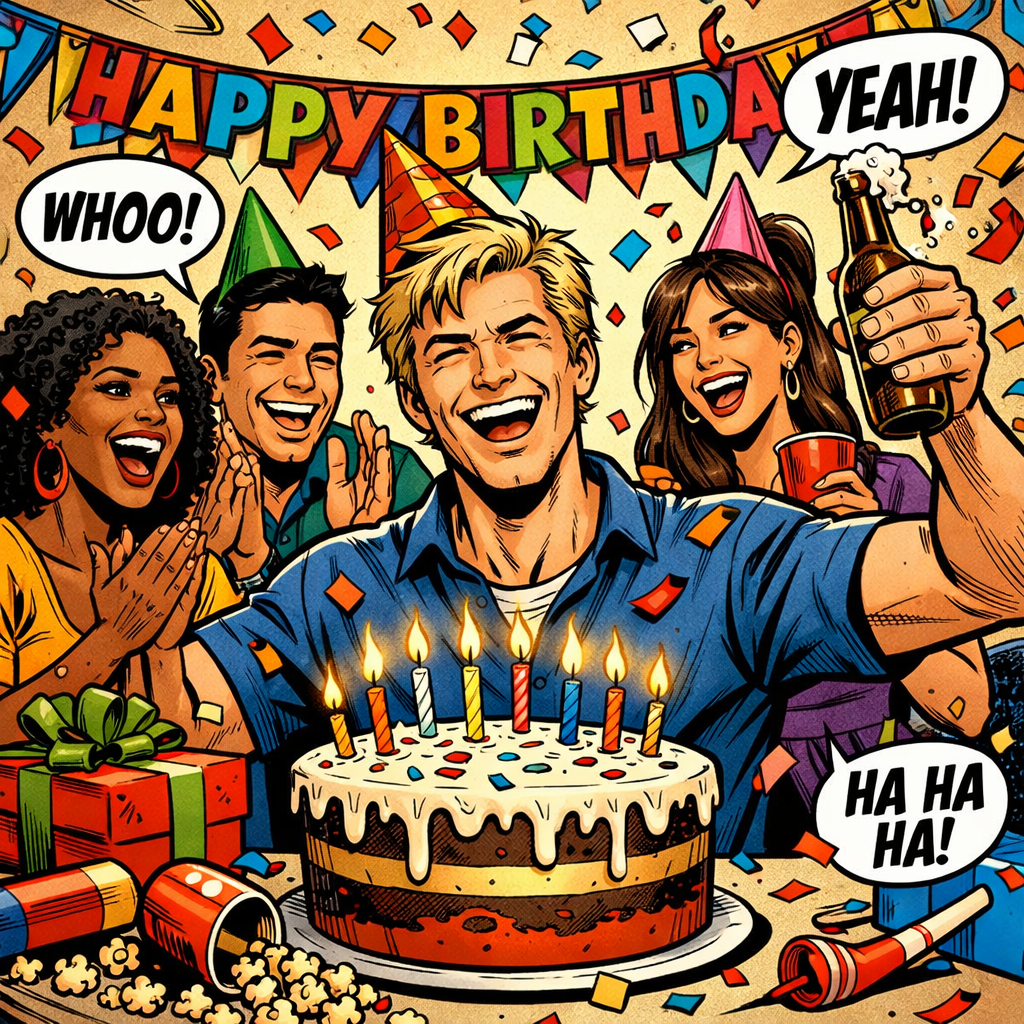 Group of friends celebrating a birthday with cake, party hats, and drinks