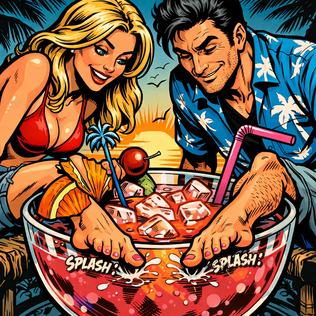 Couple splashing feet in large tropical cocktail with ice and fruit