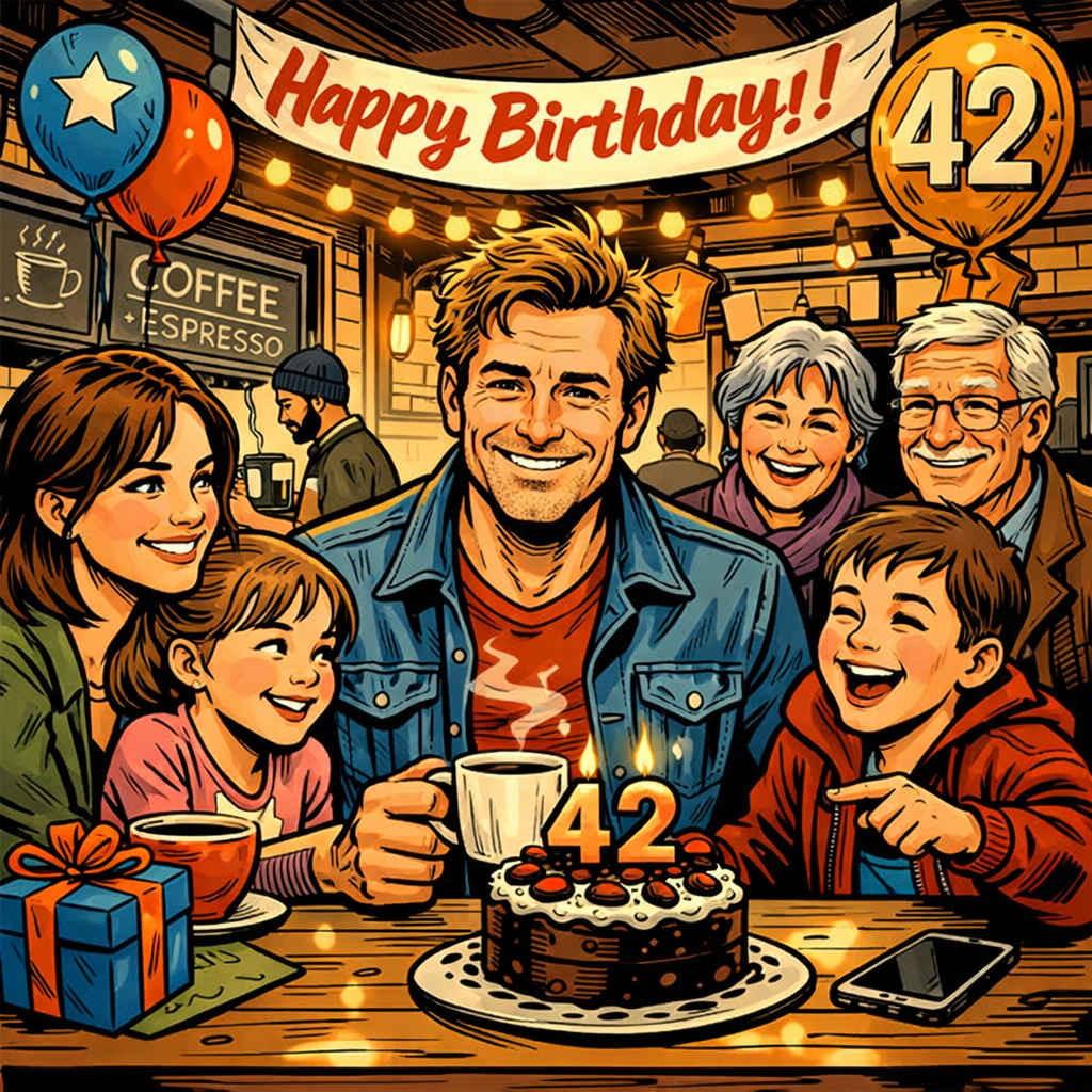 Family celebrating a 42nd birthday with cake and coffee in a café