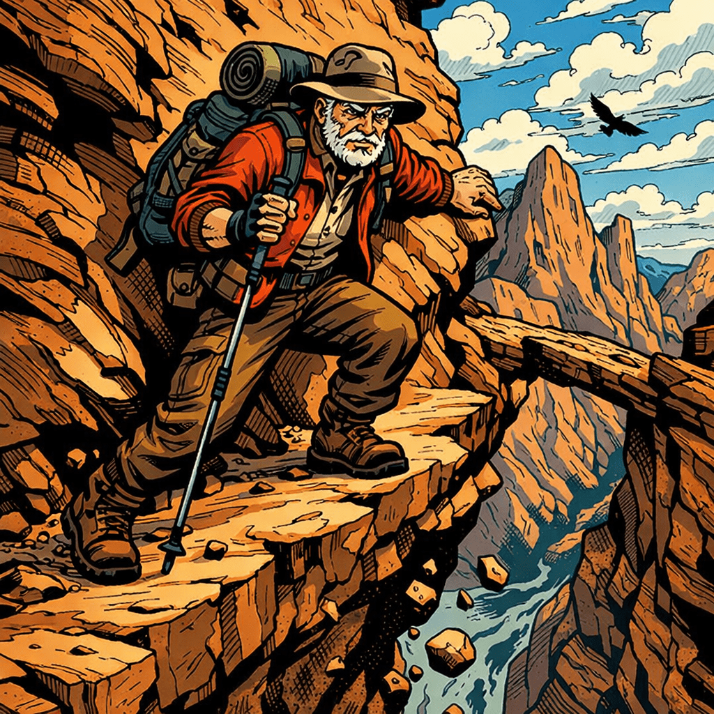 Old man hiking dangerous sandstone cliffs