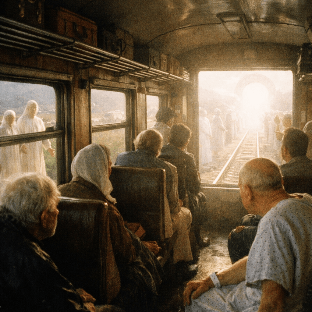 Passengers inside a train looking toward a glowing arch with ethereal figures standing along the tracks