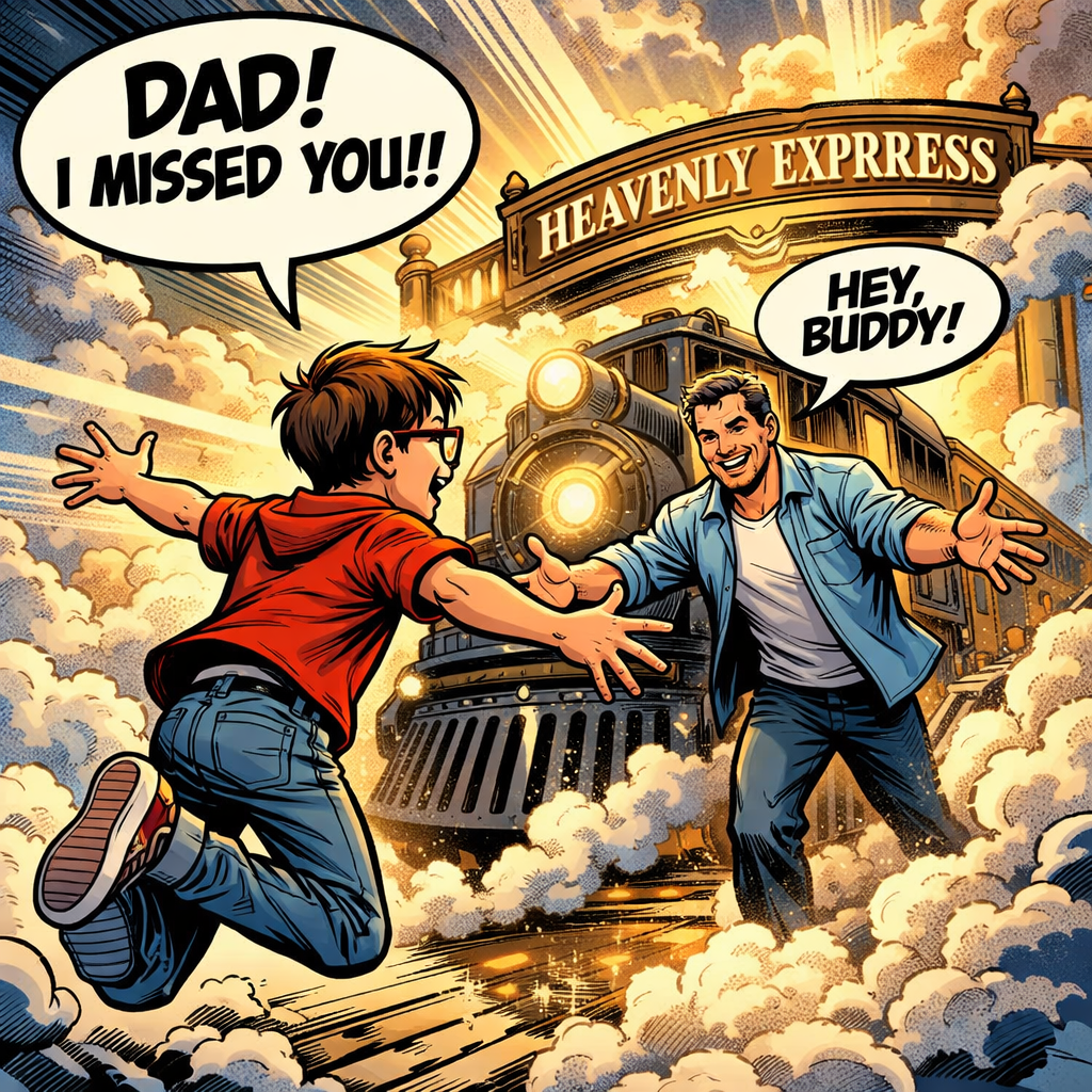 A boy joyfully running to hug his father near a train labeled Heavenly Express