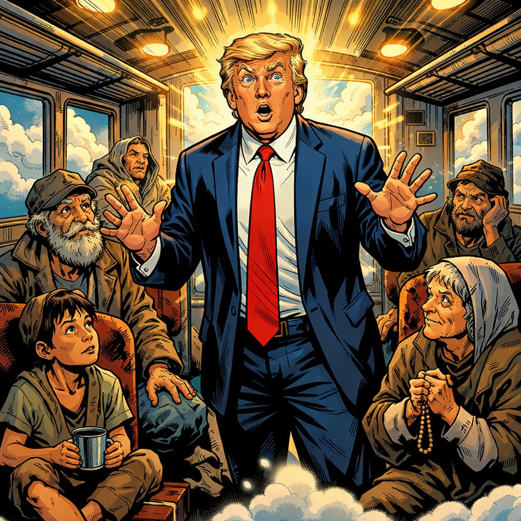 A man in a suit with a red tie speaking to six diverse people seated inside a train car