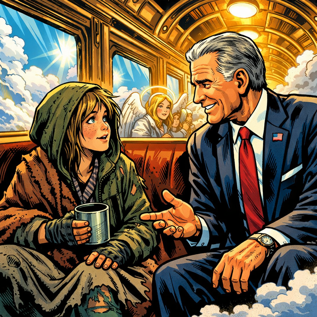 homeless girl talking with suited president on heavenly train