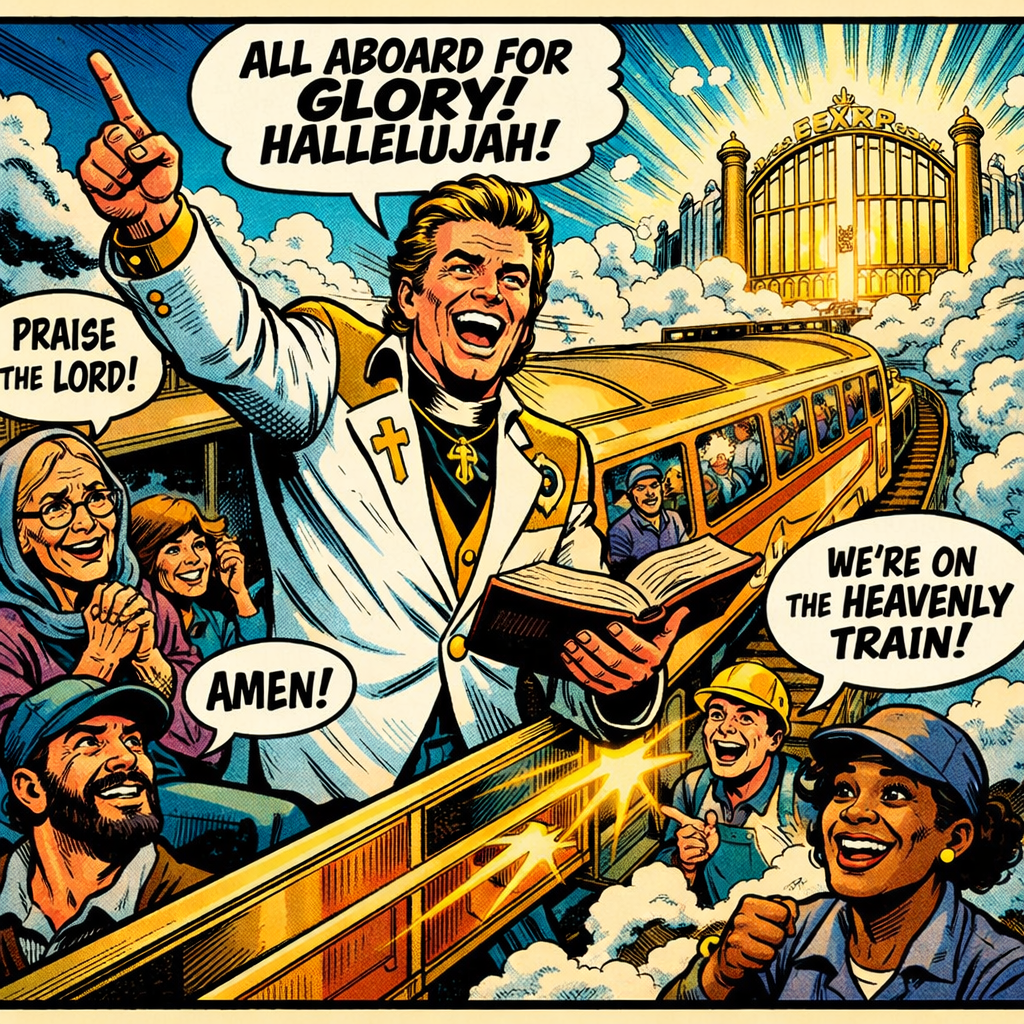 Preacher holding Bible leading people aboard a glowing golden train symbolizing a heavenly journey