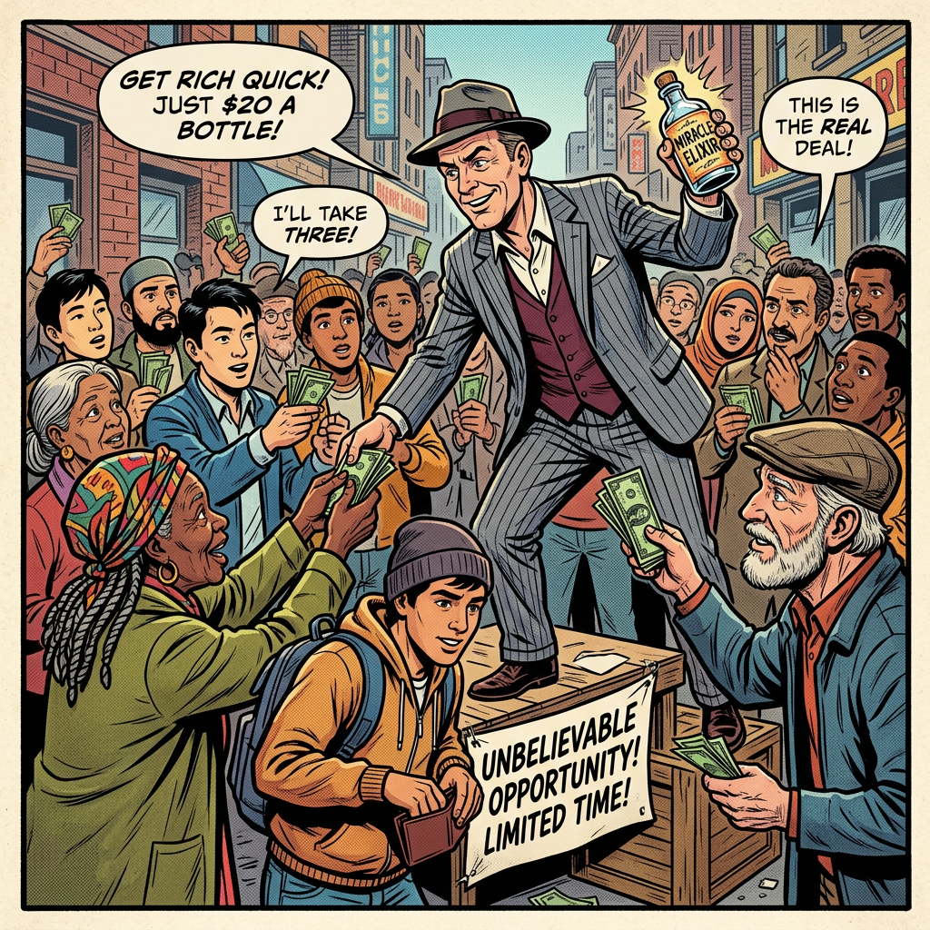 Salesman holding a glowing bottle labeled Miracle Elixir while crowd offers money