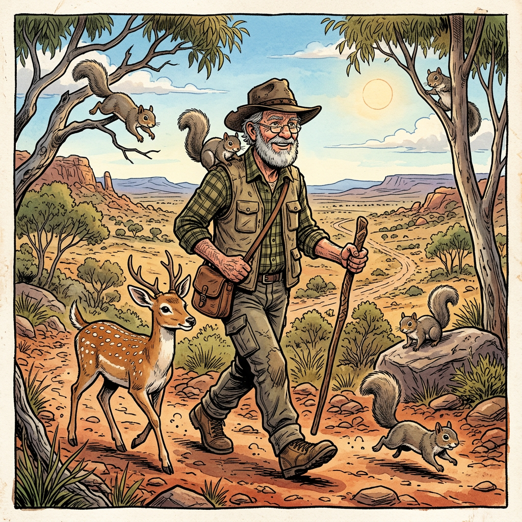 Elderly man hiking with walking stick surrounded by squirrels and a deer in desert landscape.