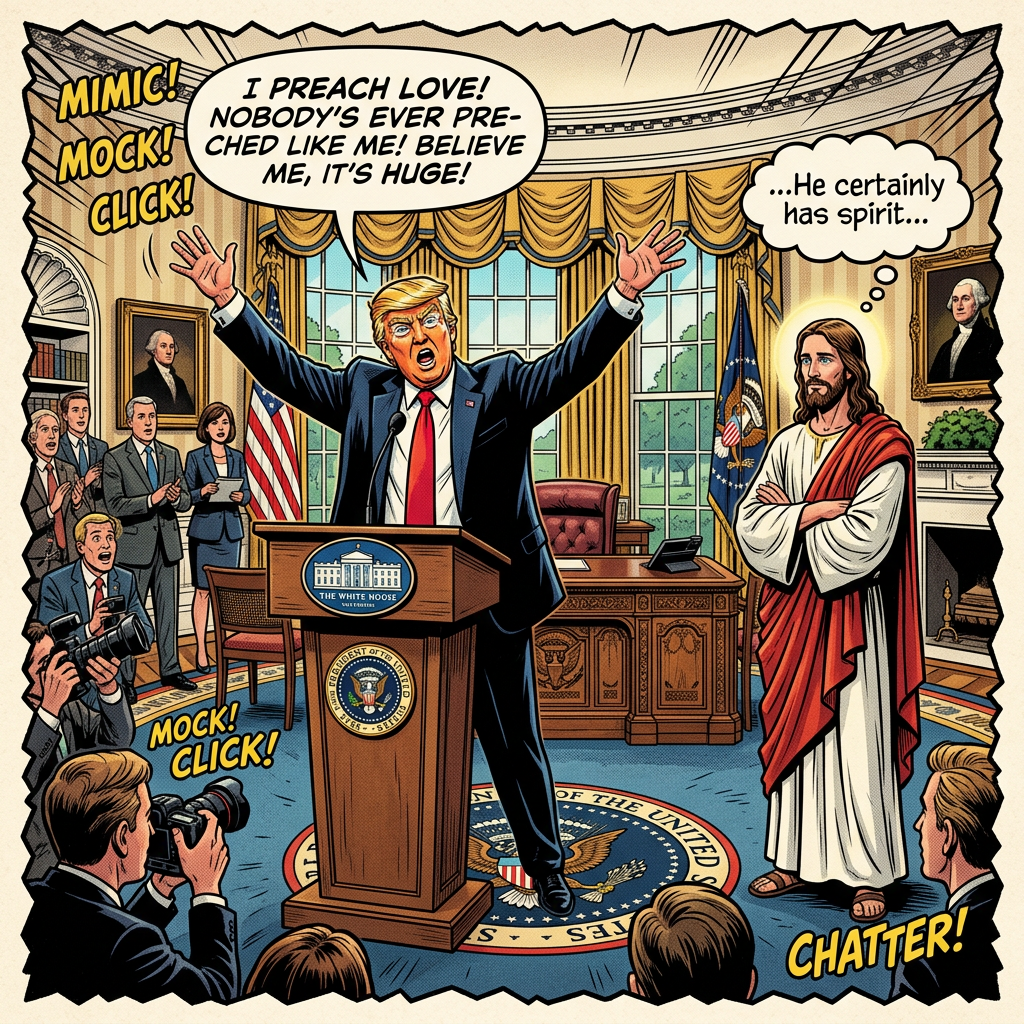 Jesus watching Trump mimic him in White House