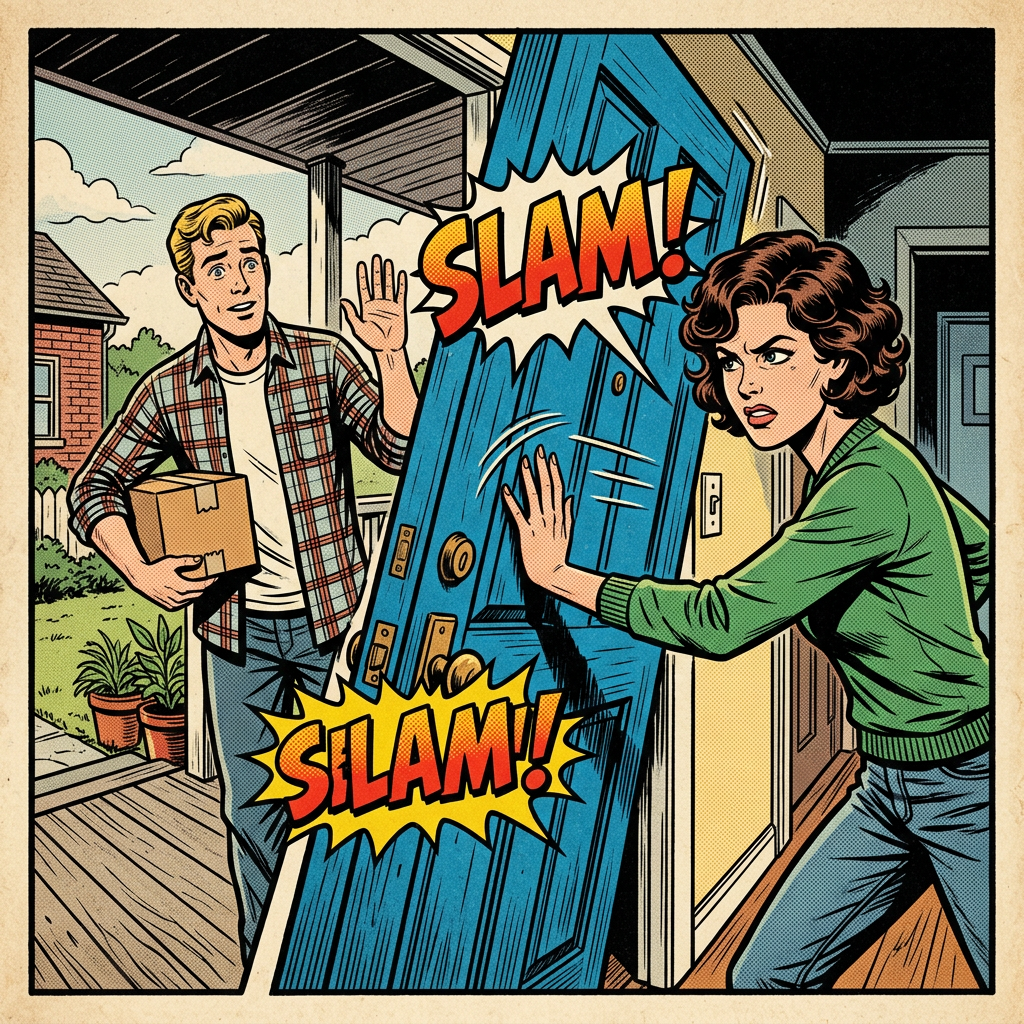 Woman angrily slamming door as man tries to enter with box
