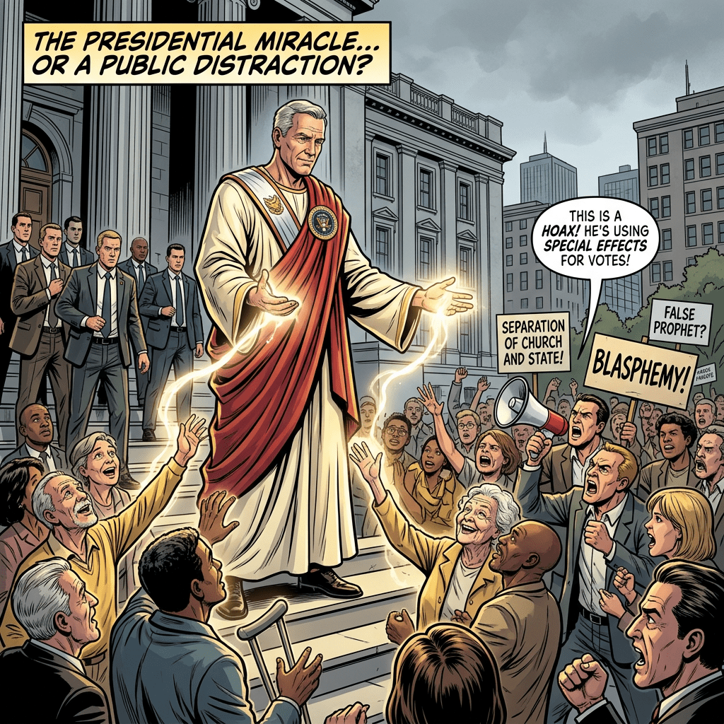 President in Jesus-like garments healing crowd, controversy