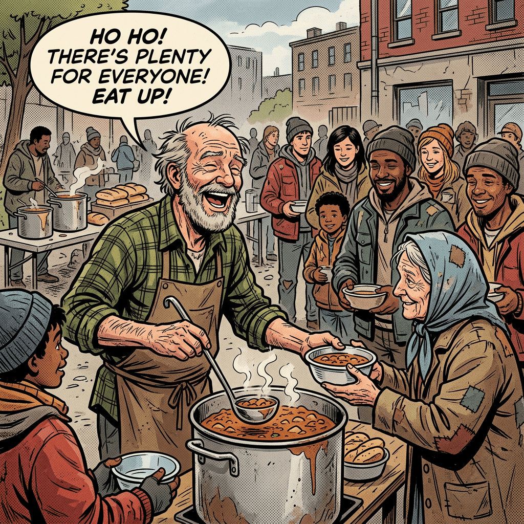 Volunteer serving hot soup to a queue of diverse people at an outdoor soup kitchen