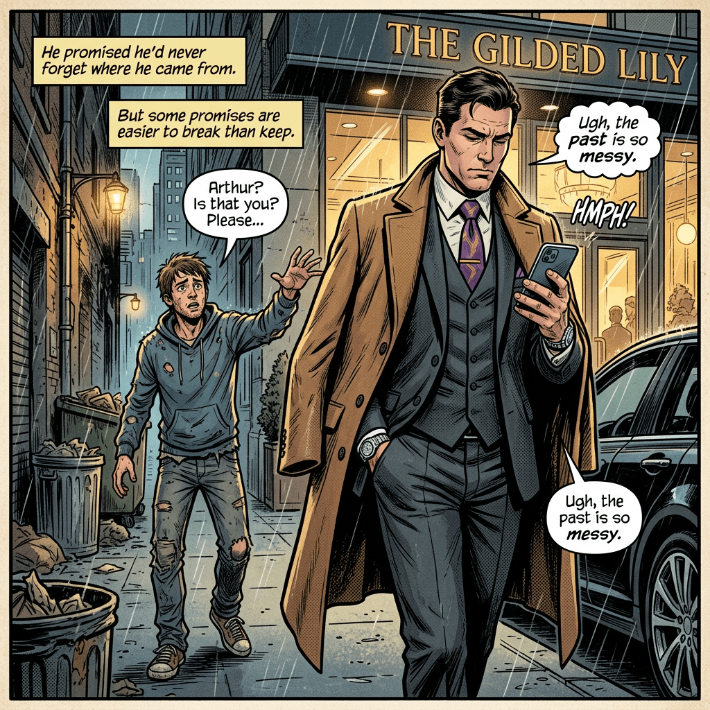 A well-dressed man in a brown coat walking past a ragged youth in a rain-soaked alleyway, with the text 'Ugh, the past is so messy' and 'Arthur? Is that you? Please...'