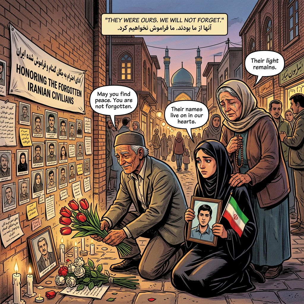 People placing flowers and holding photos at a memorial wall for forgotten Iranian civilians