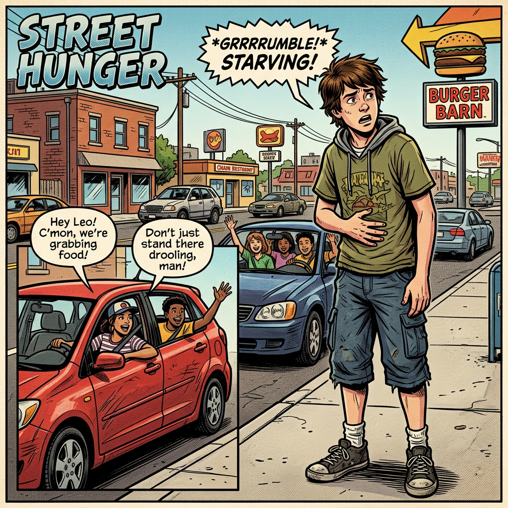 Teen boy clutching stomach looking hungry while friends call to him from cars