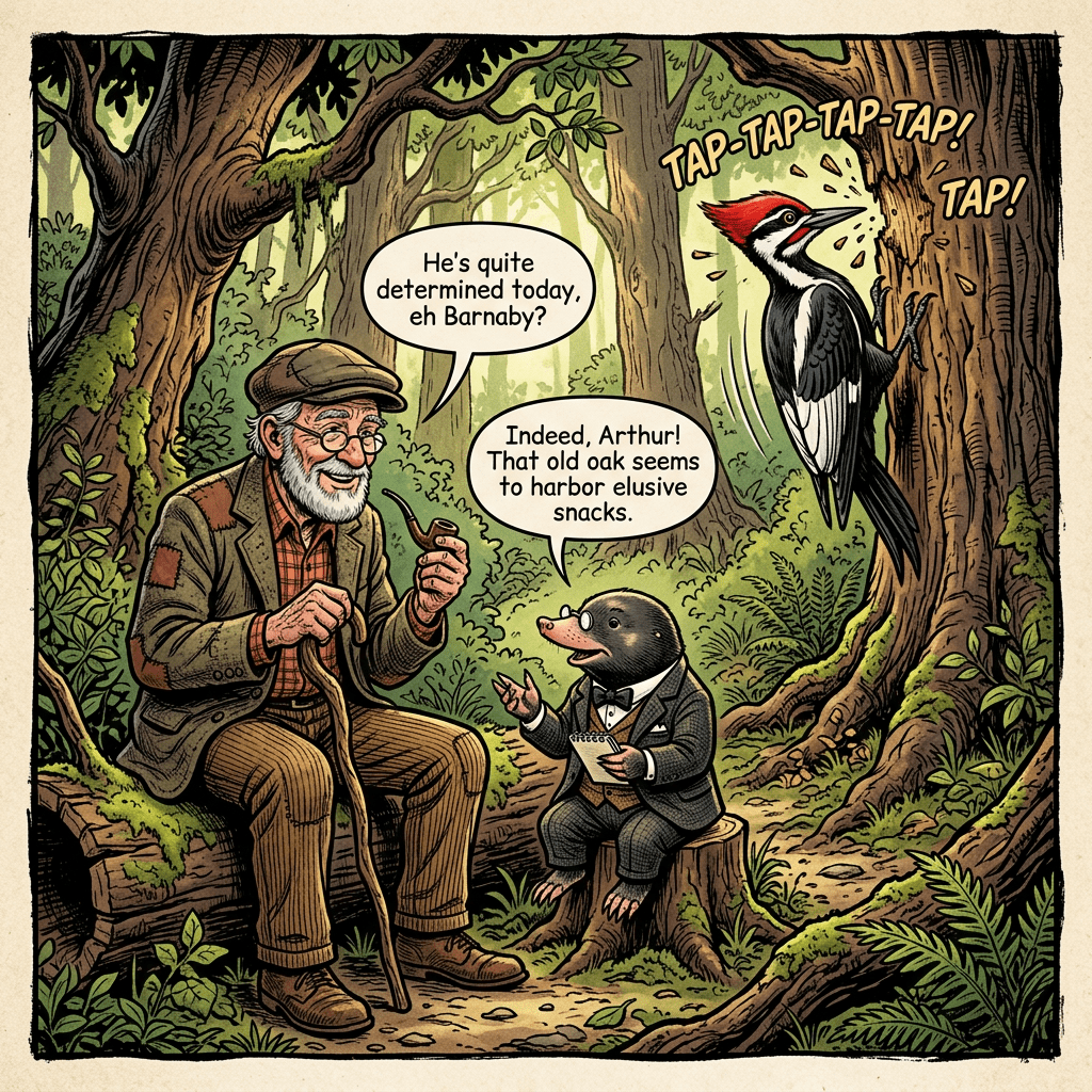 Elderly man and mole talking in forest with woodpecker tapping a tree