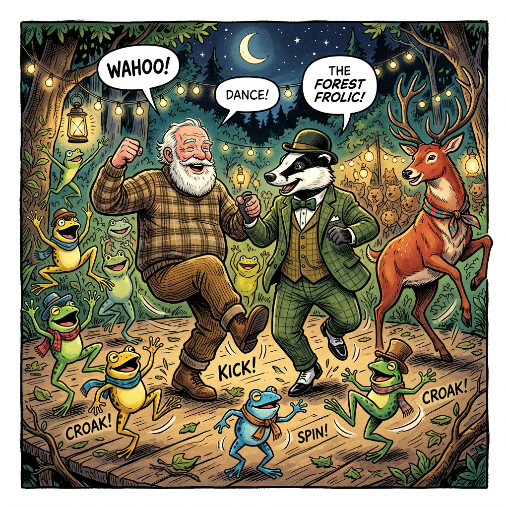 An elderly man and a dressed badger dancing with frogs and a deer in a forest at night