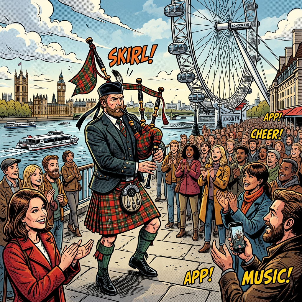 Man in traditional Scottish attire playing bagpipes near London Eye with a crowd clapping