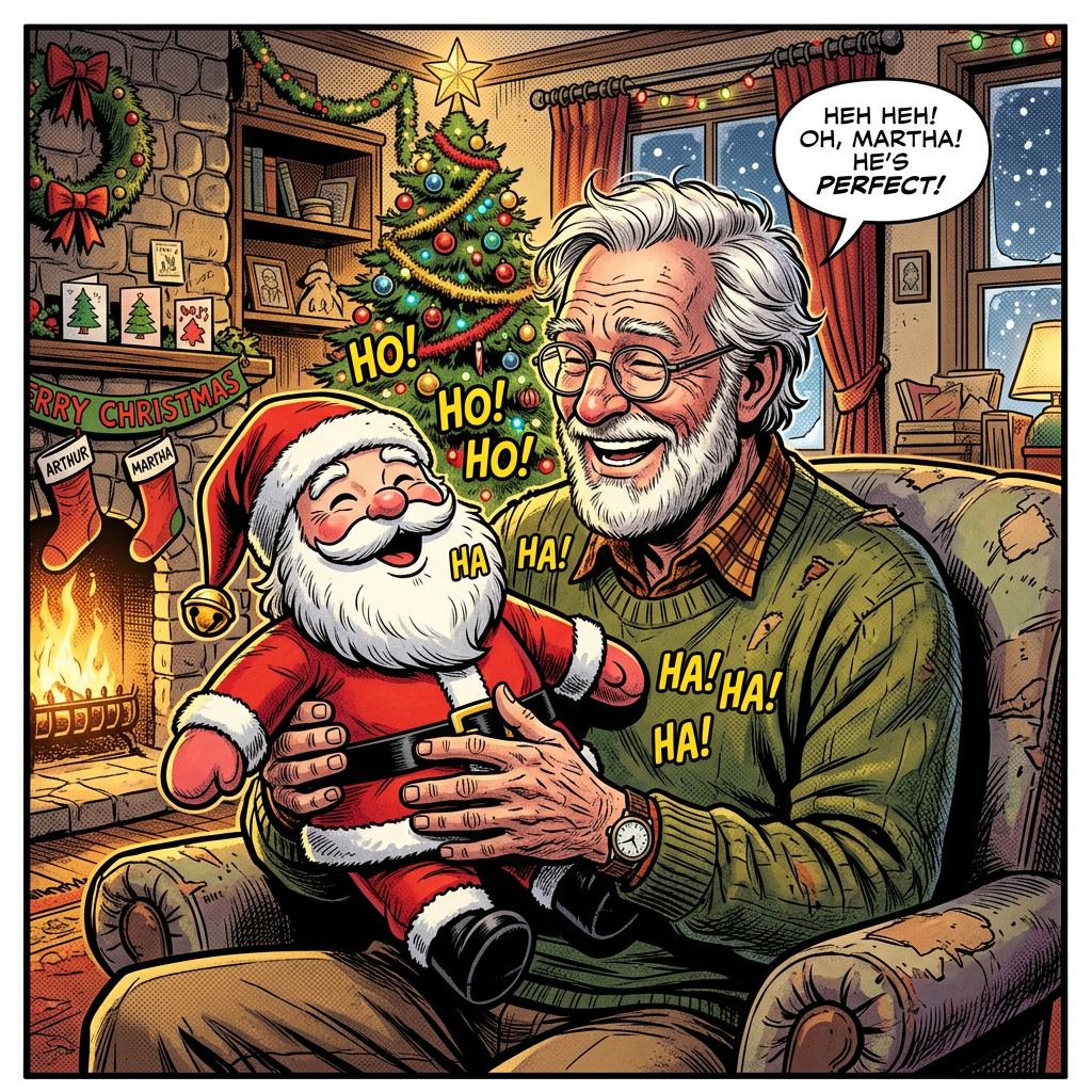 Elderly man holding and laughing with a Santa Claus doll in a cozy Christmas living room