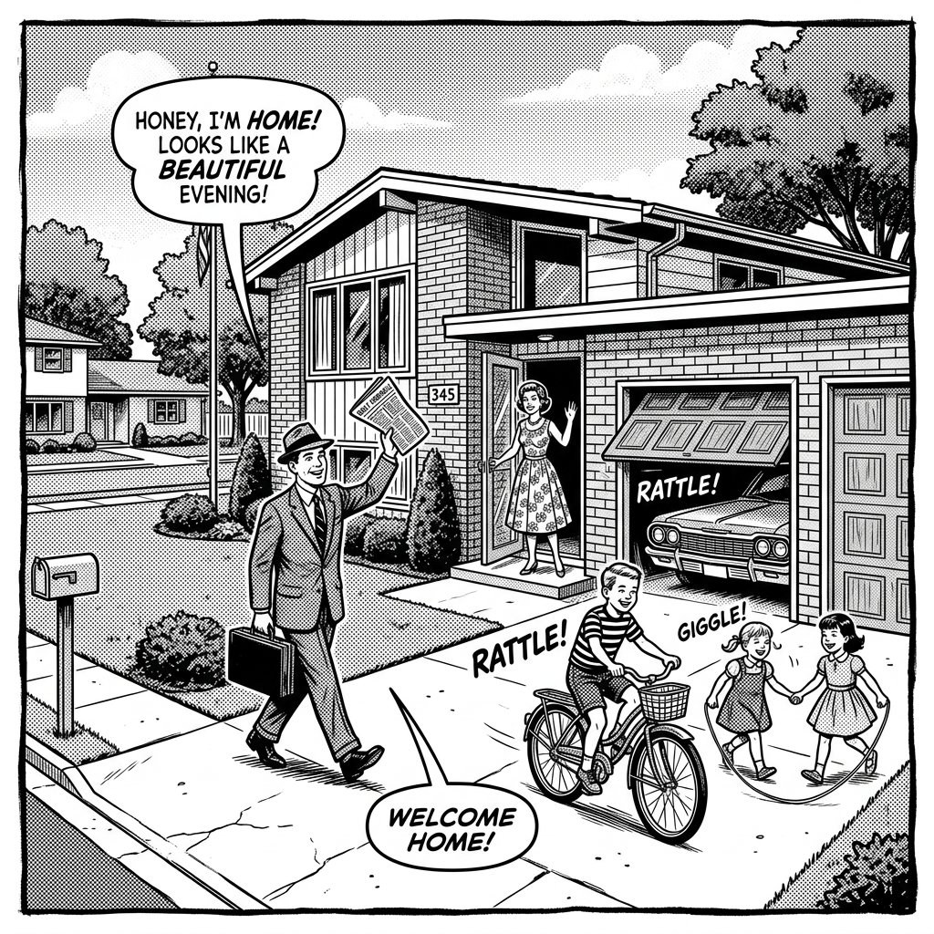 1960s suburban family with two-car garage, black and white