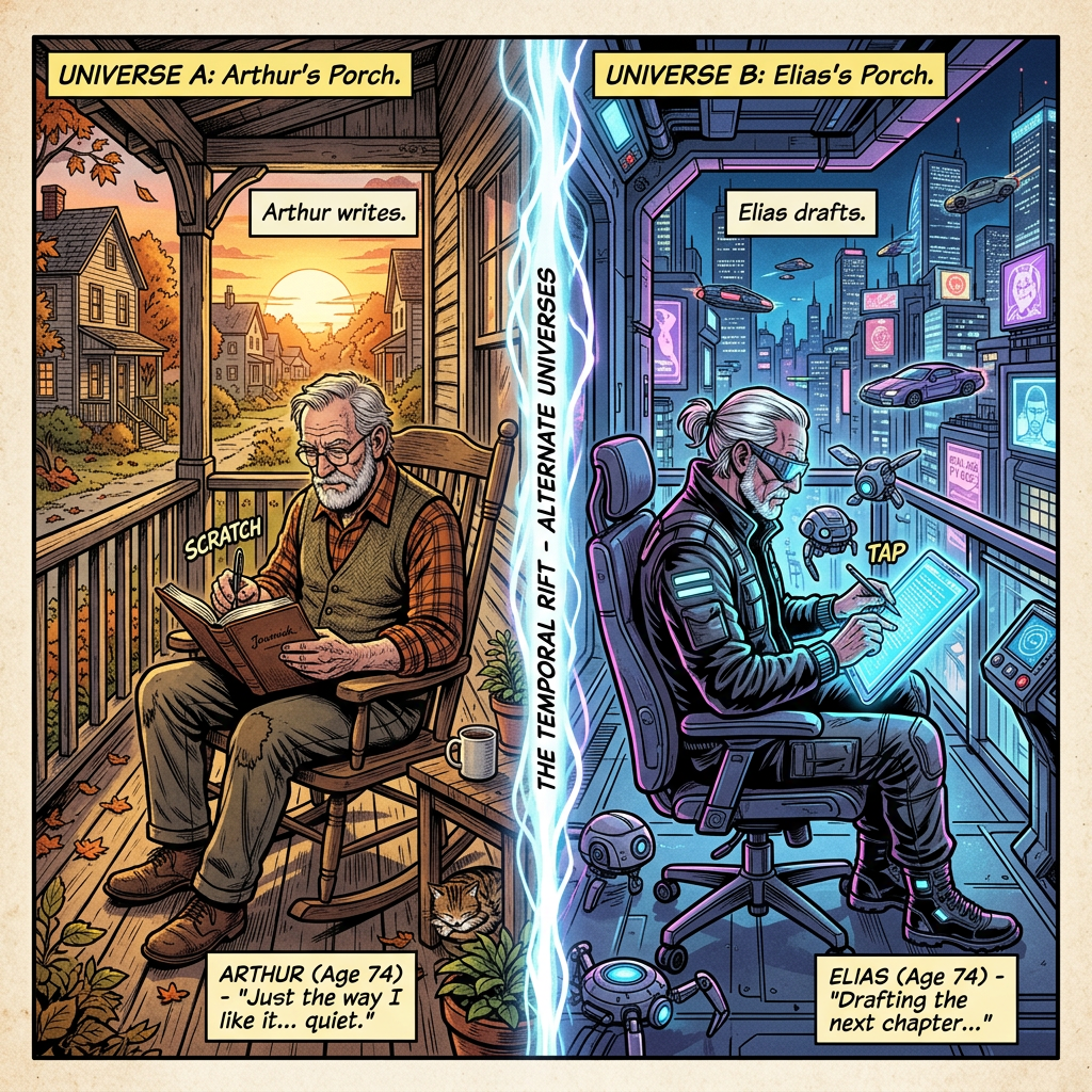 Split scene of Arthur writing in a rustic porch and Elias drafting in a futuristic high-tech room