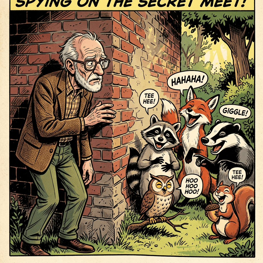 Elderly man cautiously peeking from a brick wall corner at laughing fox, raccoon, badger, squirrel, and owl