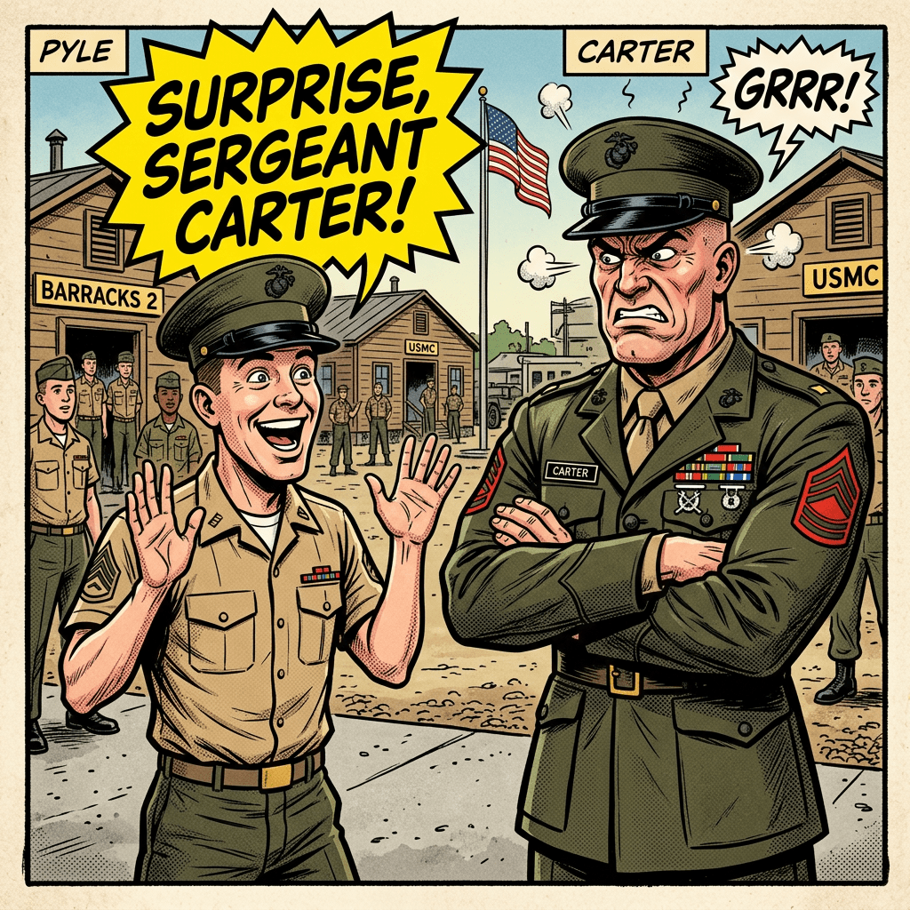 Marine Pyle excitedly greeting Sergeant Carter who looks angry outside Marine Corps barracks