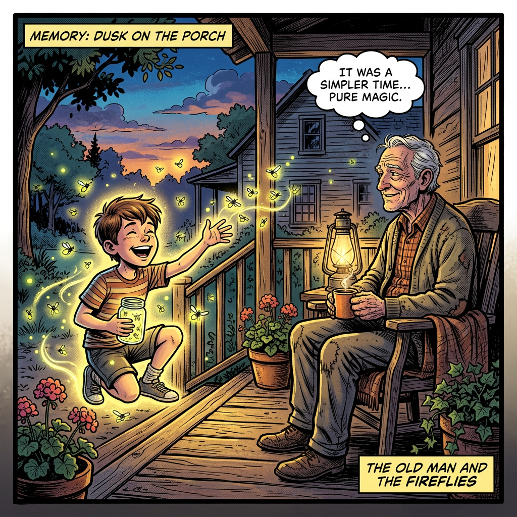 Boy joyfully catching fireflies in jar glowing on porch with elderly man sitting nearby