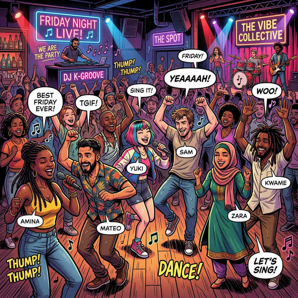 Diverse group of people dancing and singing at a lively Friday night party with DJ and live band