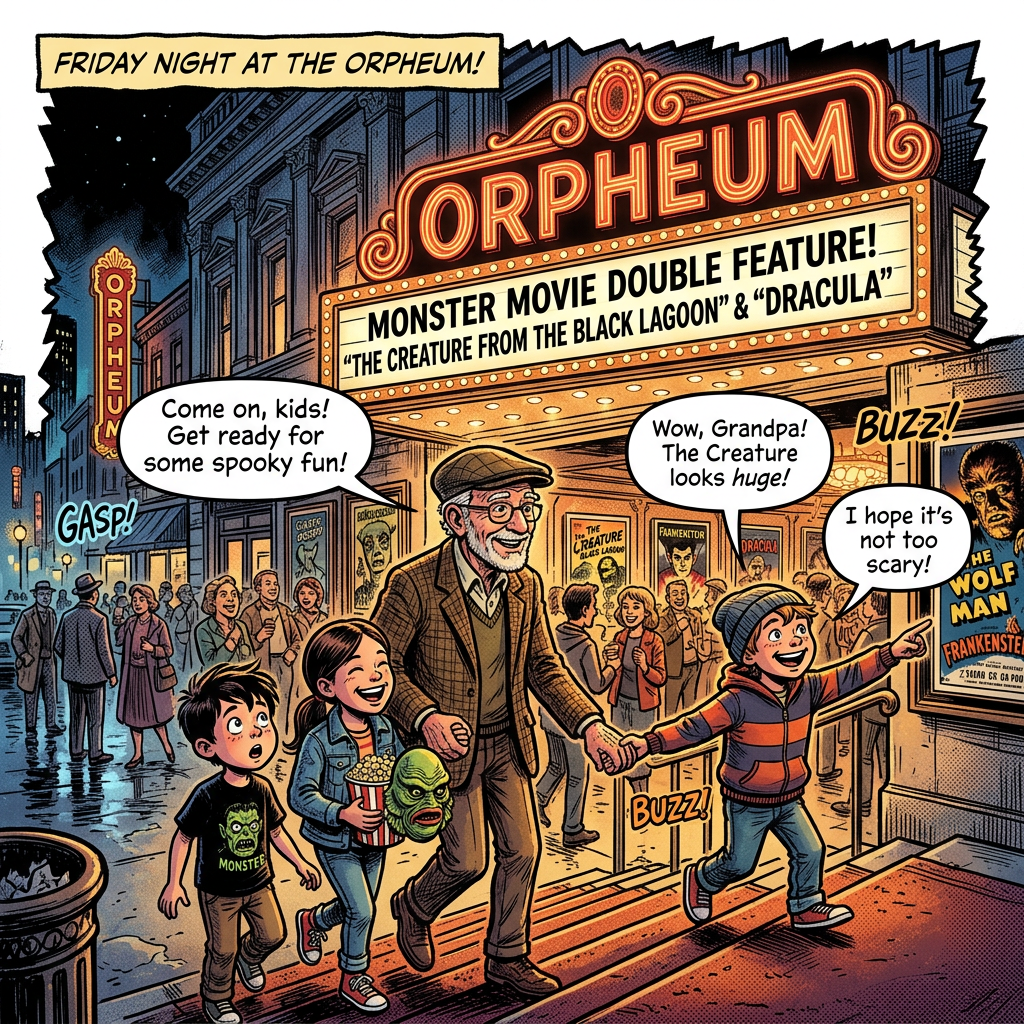 Grandfather and three children excitedly walking into Orpheum theater showing monster movie double feature