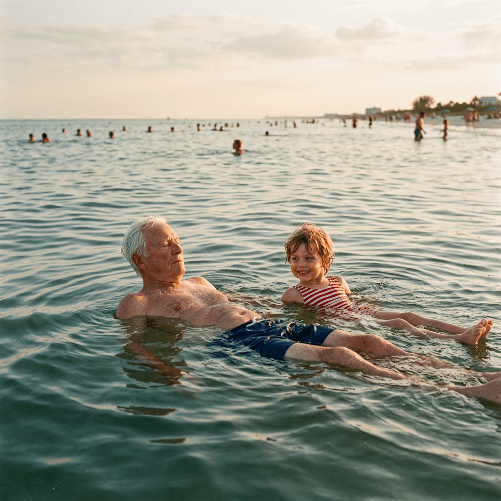 Old man floating beside six-year-old self, distant swimmers tiny