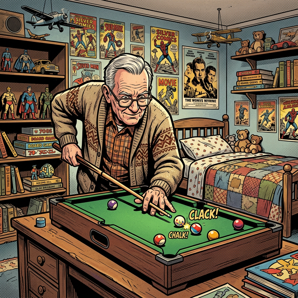 Older man playing pool in a nostalgic room decorated with vintage comic posters and collectible toys