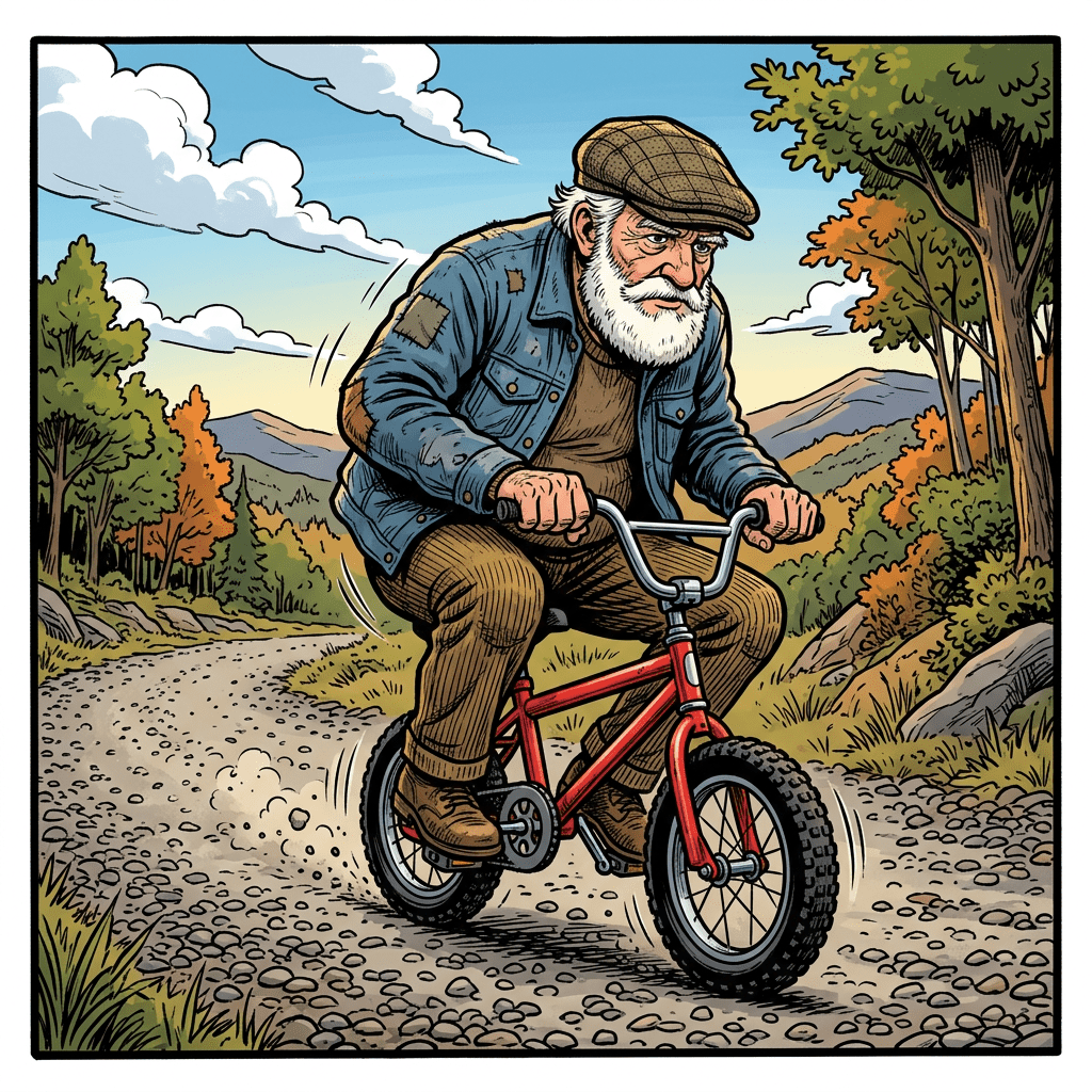 Elderly man with white beard riding a small red bicycle on a rocky path through a forested landscape.