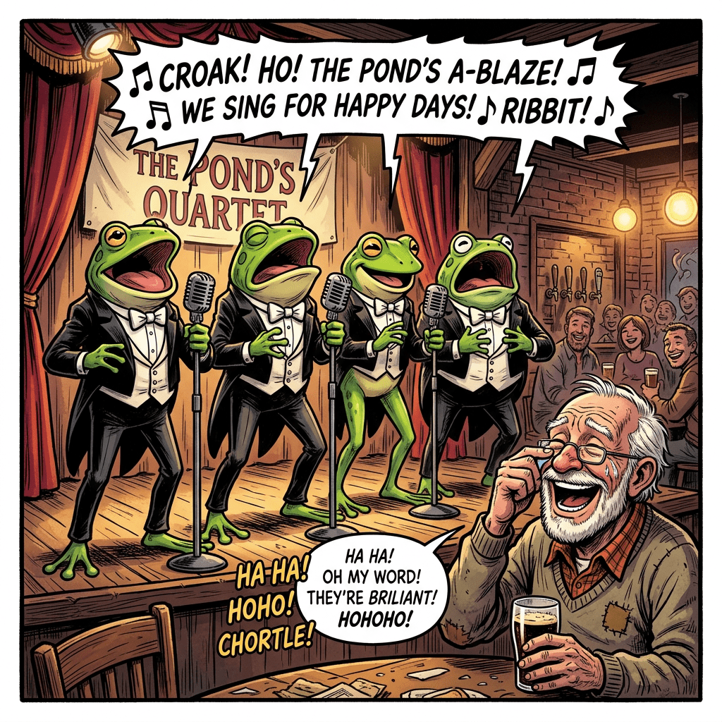 Four frogs in tuxedos singing on stage with microphones, while an elderly man laughs and holds a drink in a pub-like setting