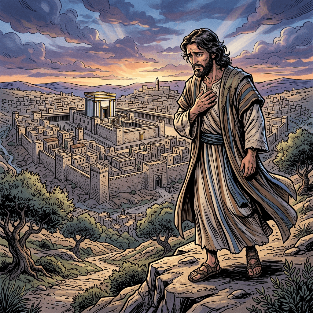 A man in robes stands on a rocky hillside overlooking an ancient walled city with a temple, under a dramatic sunset sky.
