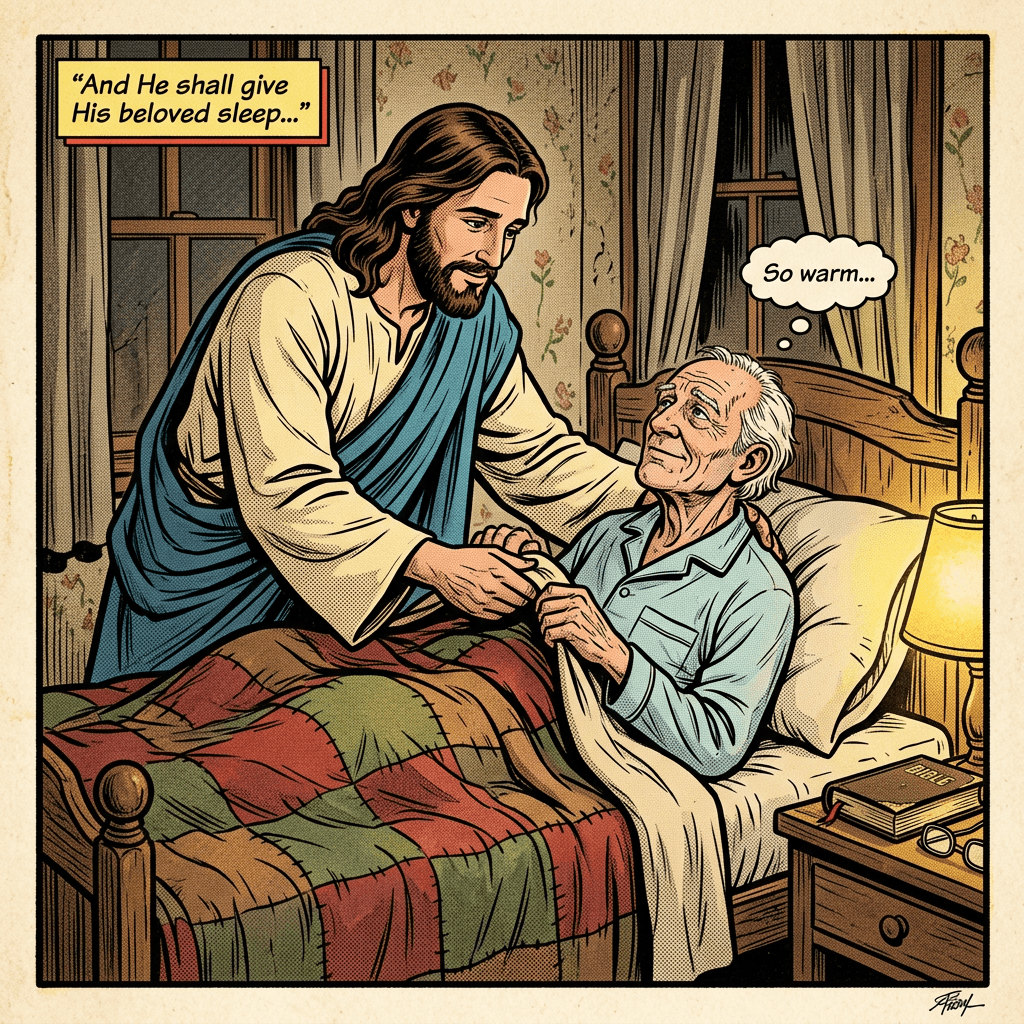 Jesus holding the hand of an elderly man lying in bed with a quilt, comforting him