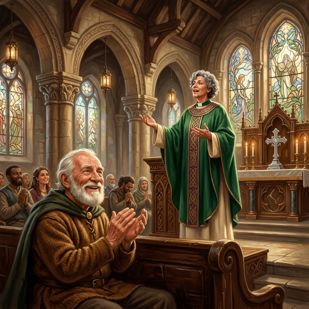 Pastor preaching in a stone church with stained glass windows while congregation listens and claps