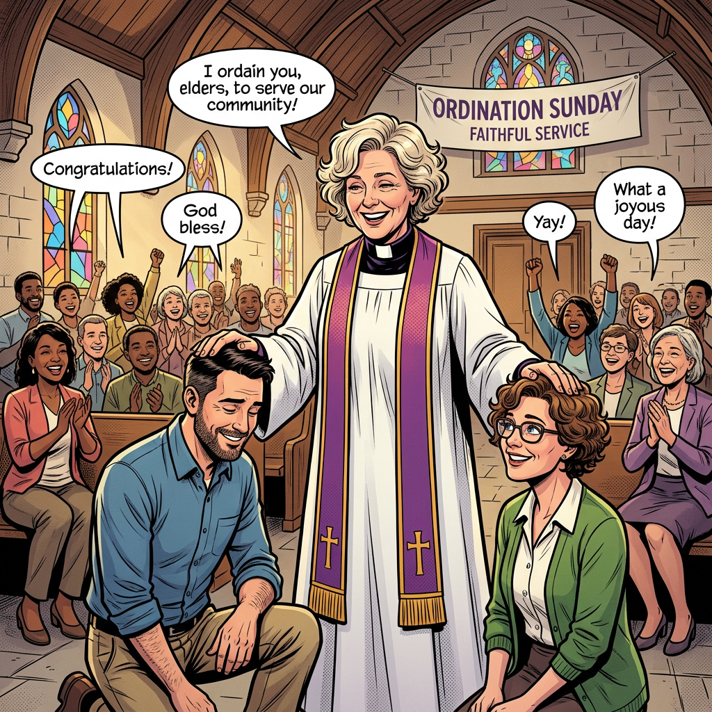 Pastor ordaining two elders during a church ceremony with congregation cheering