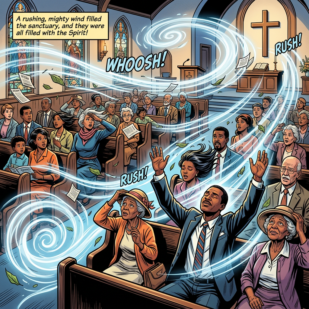 Congregation in church experiencing a mighty wind symbolizing the Holy Spirit