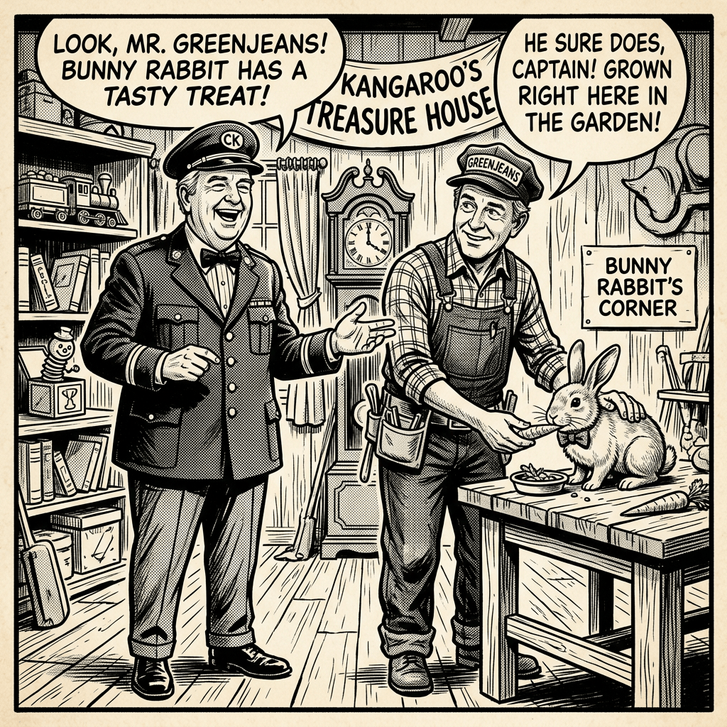 Two men in vintage attire, one feeding a rabbit labeled Bunny Rabbit's Corner indoors