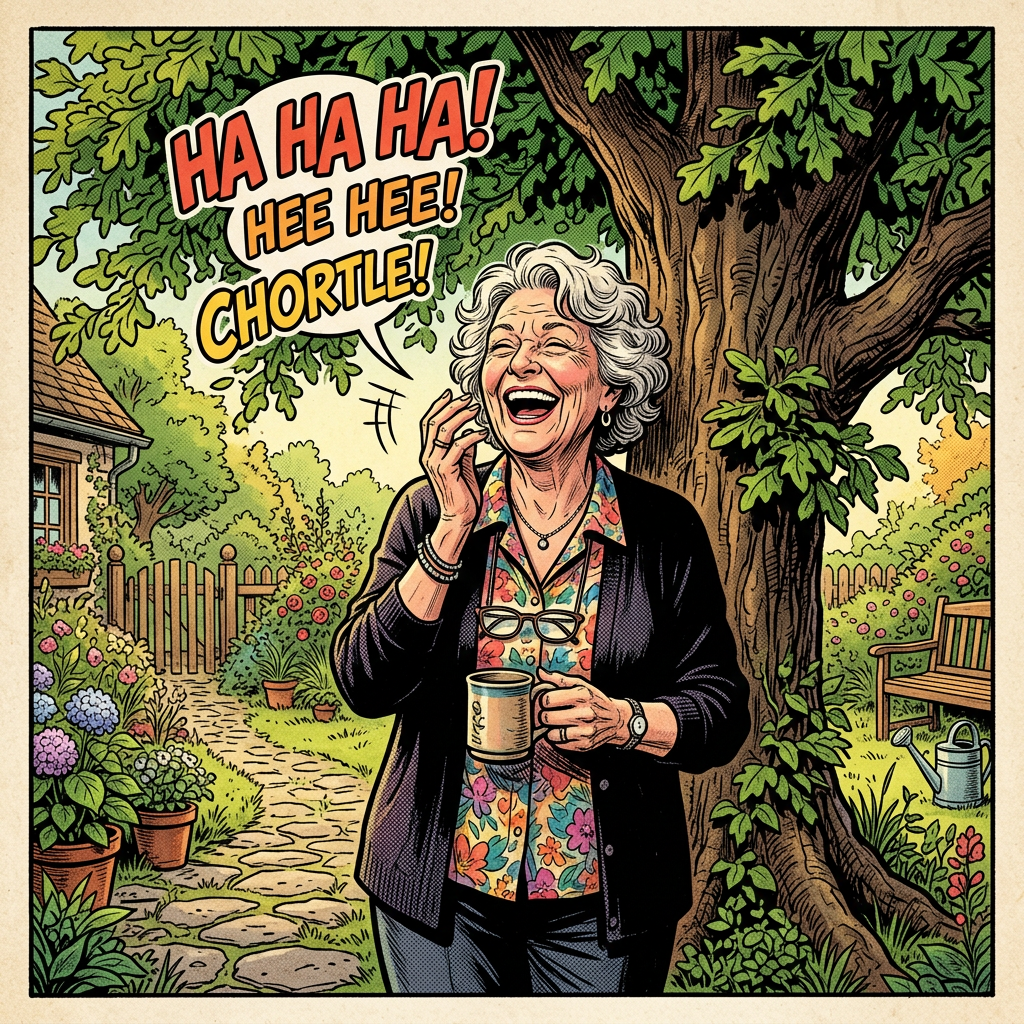 Elderly woman laughing joyfully holding a coffee mug in a lush garden.
