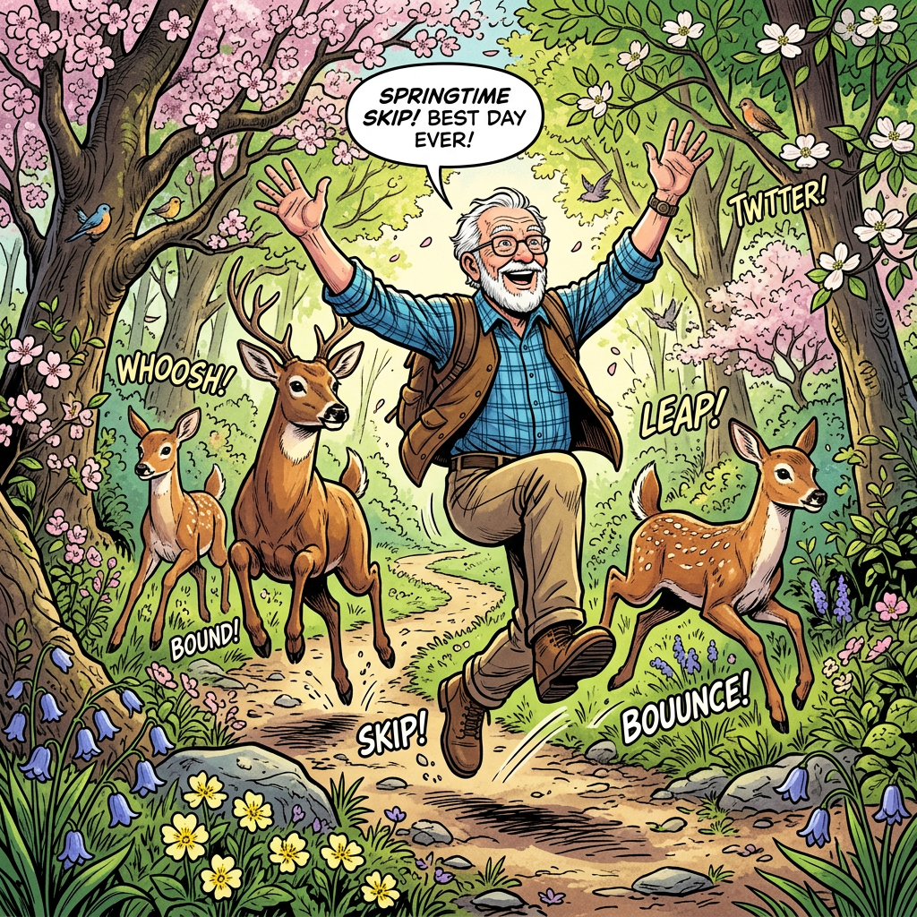 Old man skipping with deer in spring woods