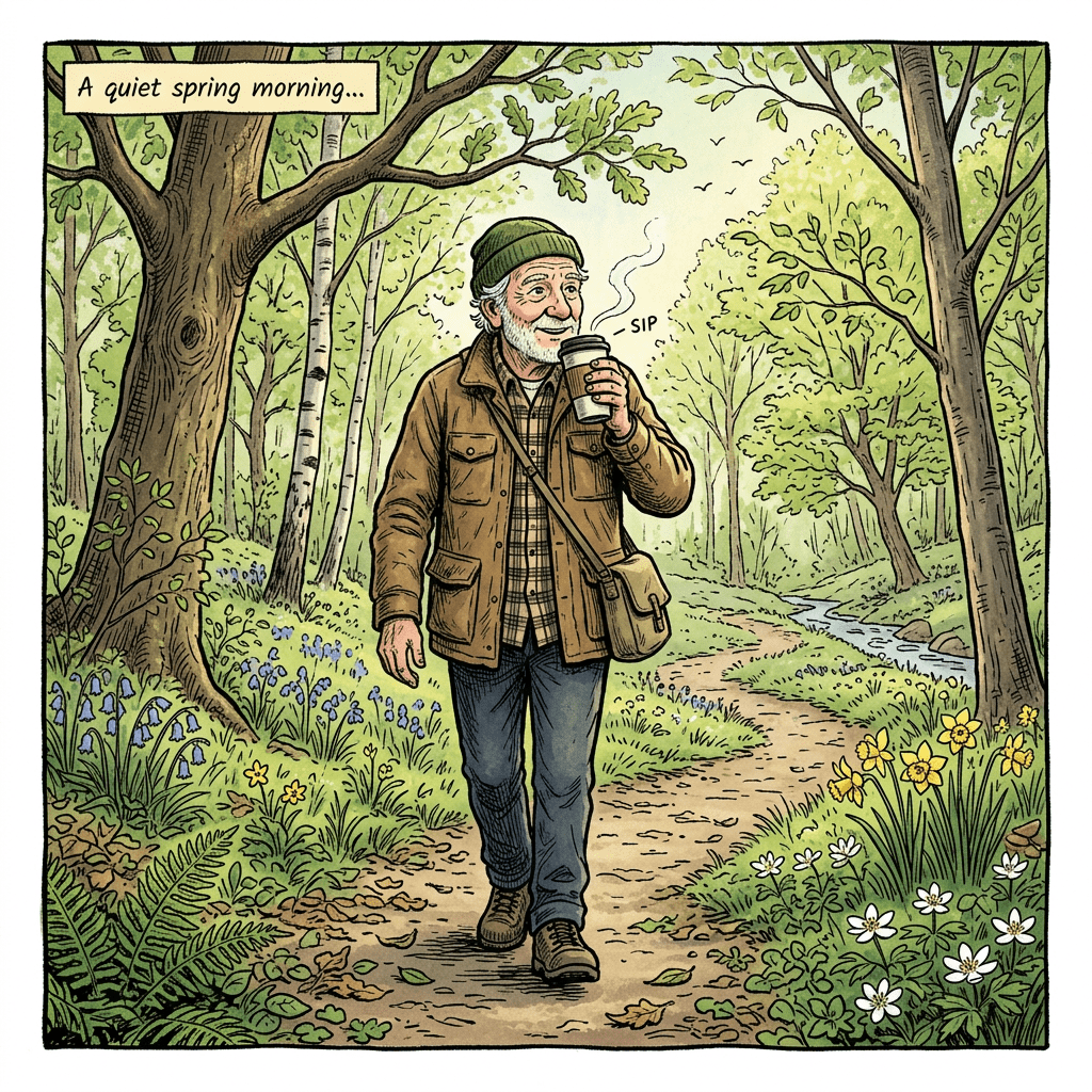 Elderly man walking on forest path sipping a hot drink