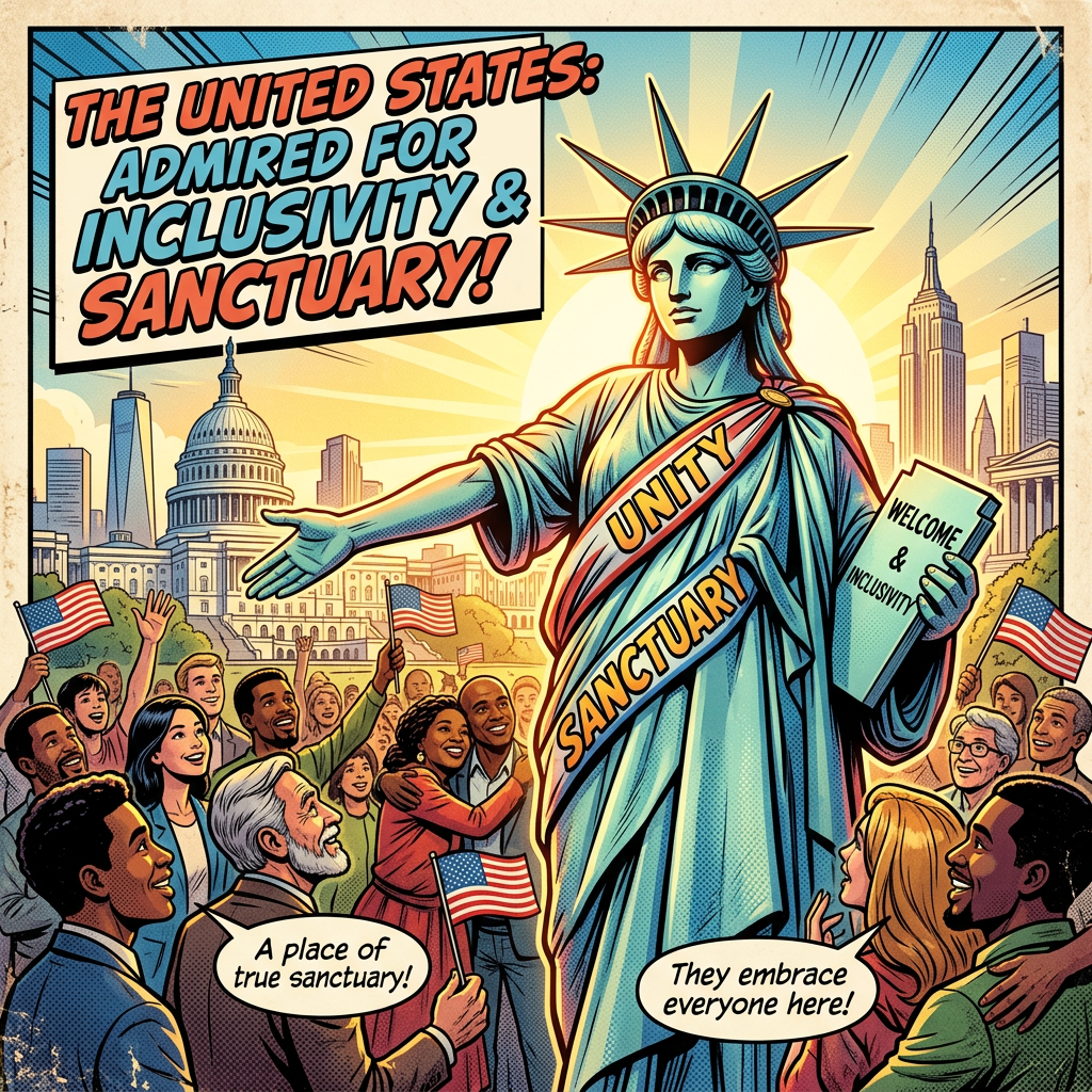 Statue of Liberty with unity and sanctuary sashes, diverse crowd holding American flags, city skyline background